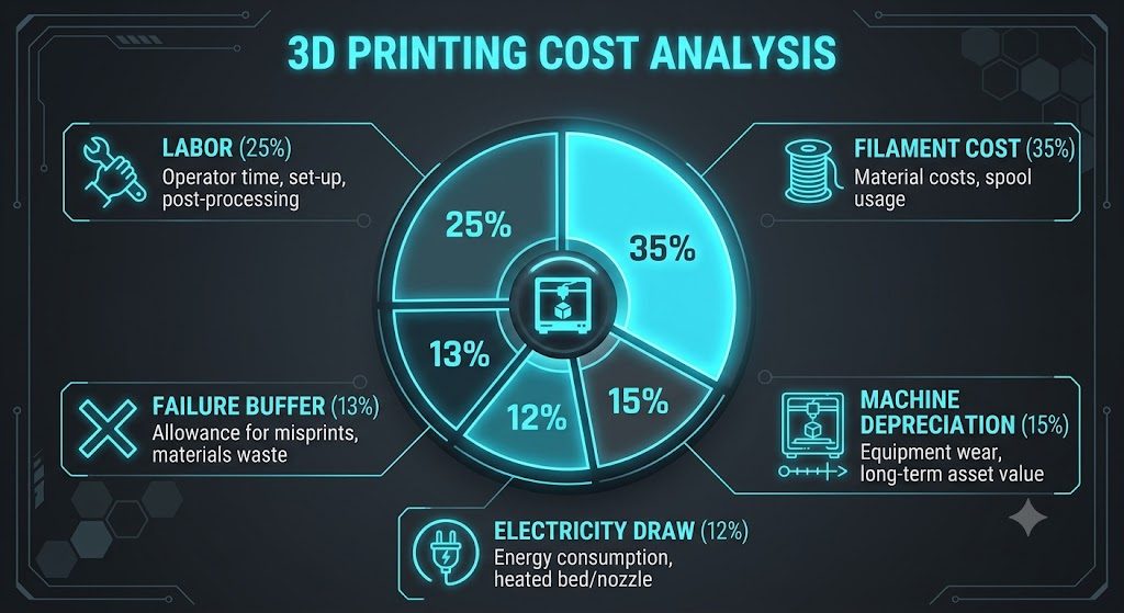 Infographic showing the breakdown of 3D printing costs including electricity, material, and labor