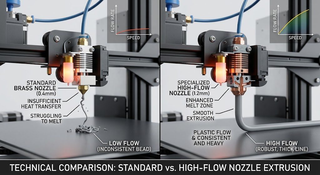 Comparison of standard brass nozzle versus high-flow CHT nozzle for 3D printers