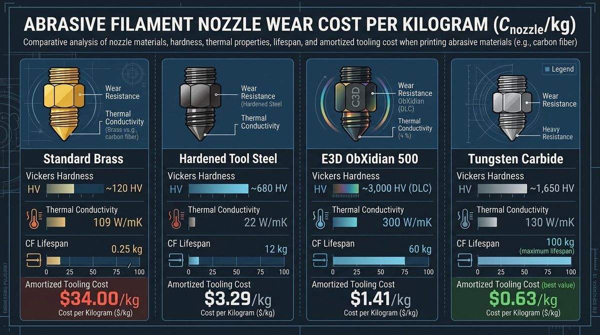 Figure 1: Amortized tooling and swap-labor cost per kilogram of carbon-fiber filament across Brass, Hardened Steel, and E3D ObXidian 500 nozzles.