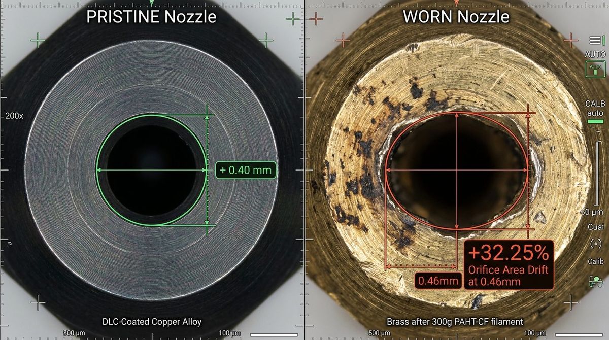 Figure 2: Digital microscope inspection comparing a pristine 0.40mm DLC-coated orifice (left) against a brass nozzle worn to 0.68mm by 300g of PAHT-CF (right).