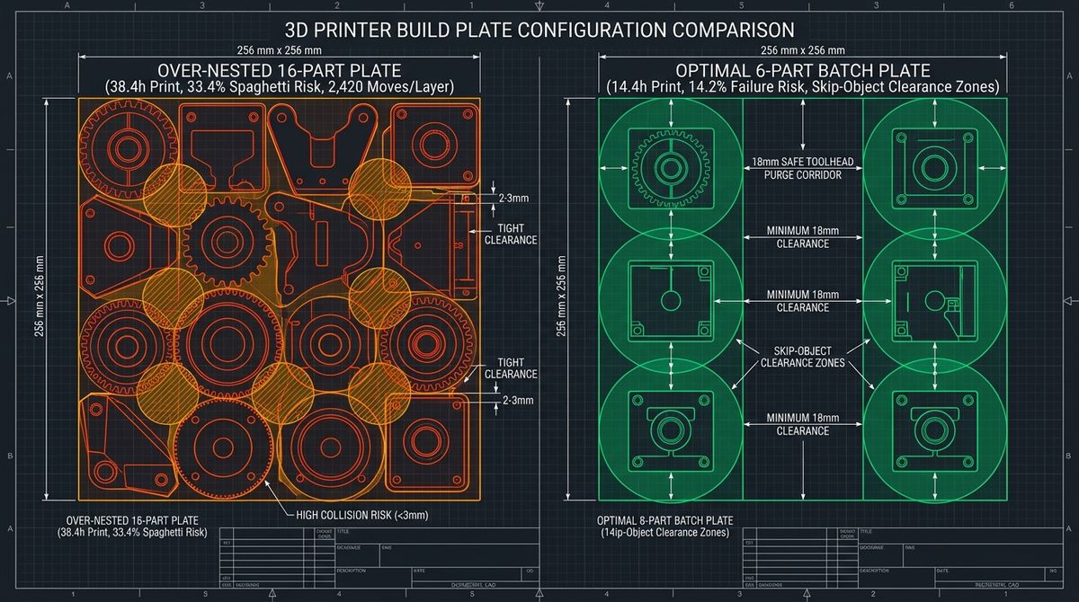 Top-down build plate layout diagram comparing a 25-part edge-to-edge nested plate against an 9-part thermal-safe inner zone layout
