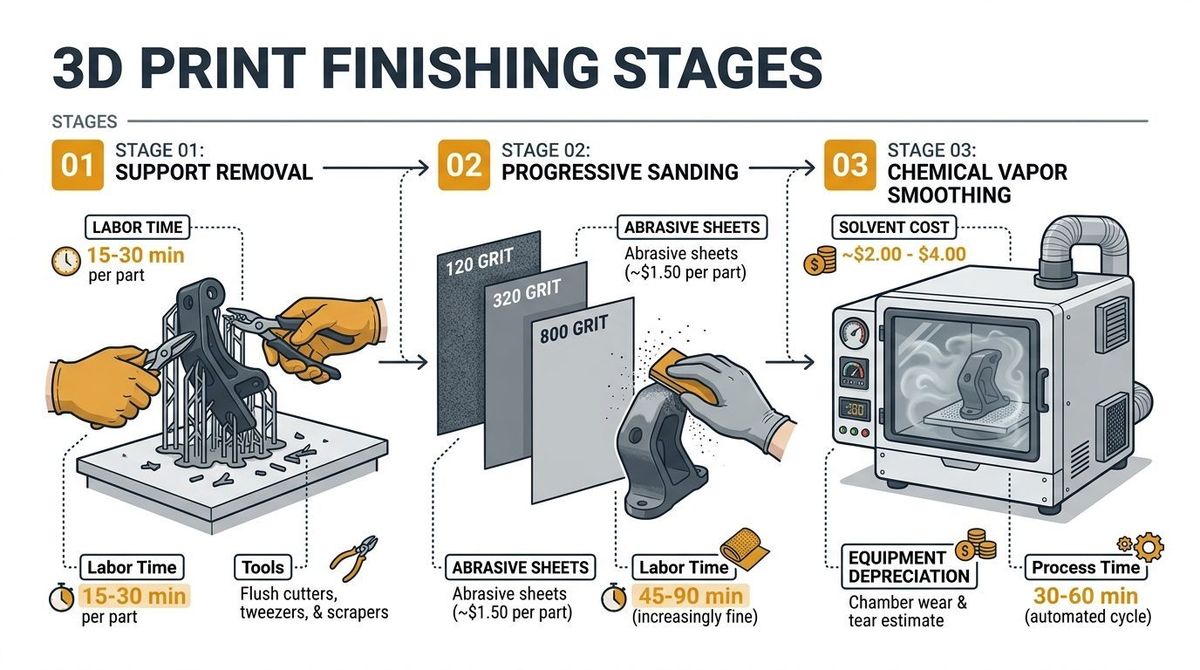 Technical breakdown of 3D print finishing labor stages and chemical vapor smoothing chamber costs