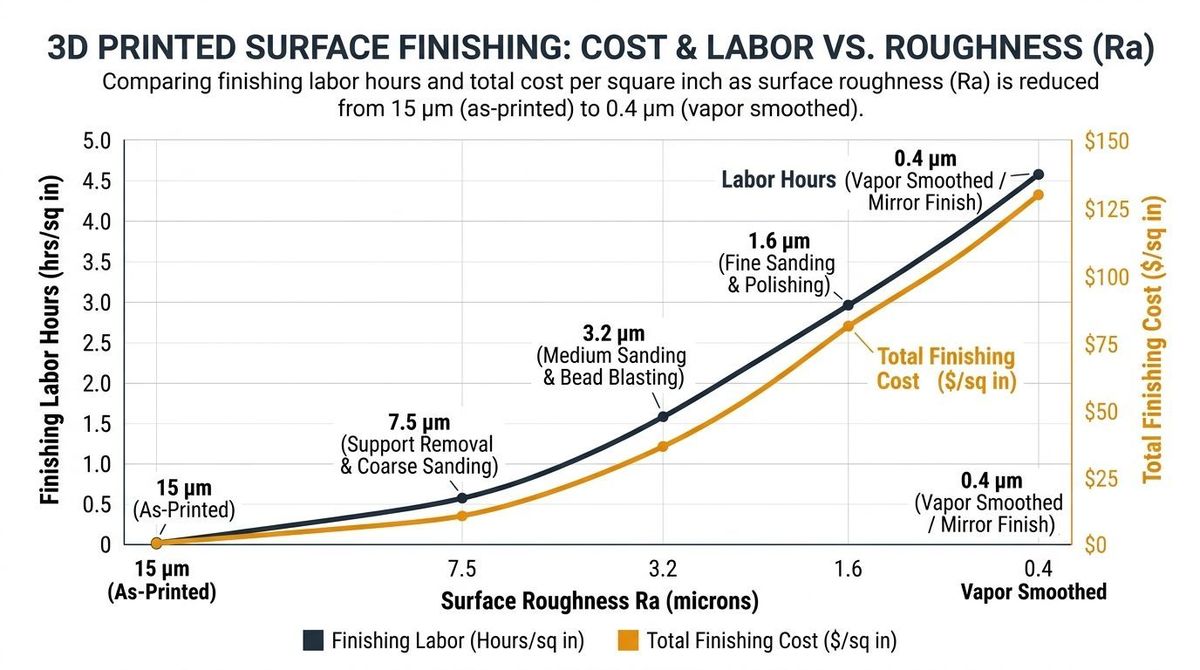 Comparative workflow chart matching 3D print surface roughness tolerances with finishing labor costs