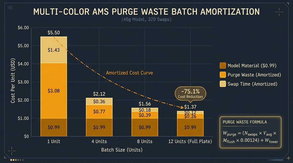 Multi-Color AMS Filament Purge Waste Cost and Batch Size Amortization Table