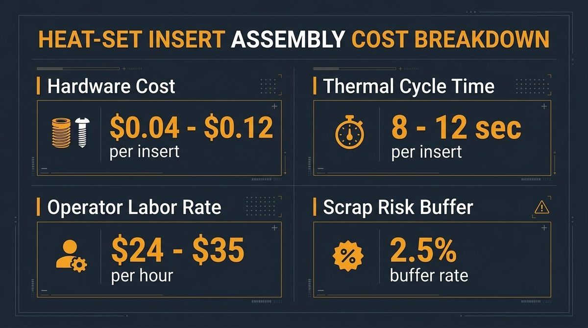 Heat-Set Insert Assembly Cost Breakdown Diagram for 3D Print Farms