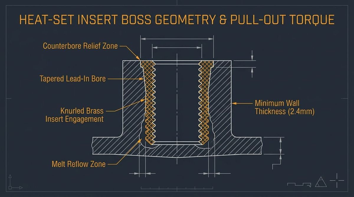 Heat-Set Insert Boss Geometry and Pull-Out Torque CAD Cross-Section Diagram
