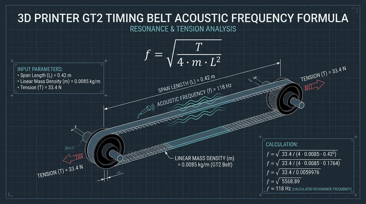 Figure 1: Transverse vibrating-string acoustic resonance model relating GT2 timing belt span length (L = 0.42 m), linear mass density (m = 0.0085 kg/m), and fundamental frequency (f = 118 Hz) to tensile preload (T = 33.4 N).