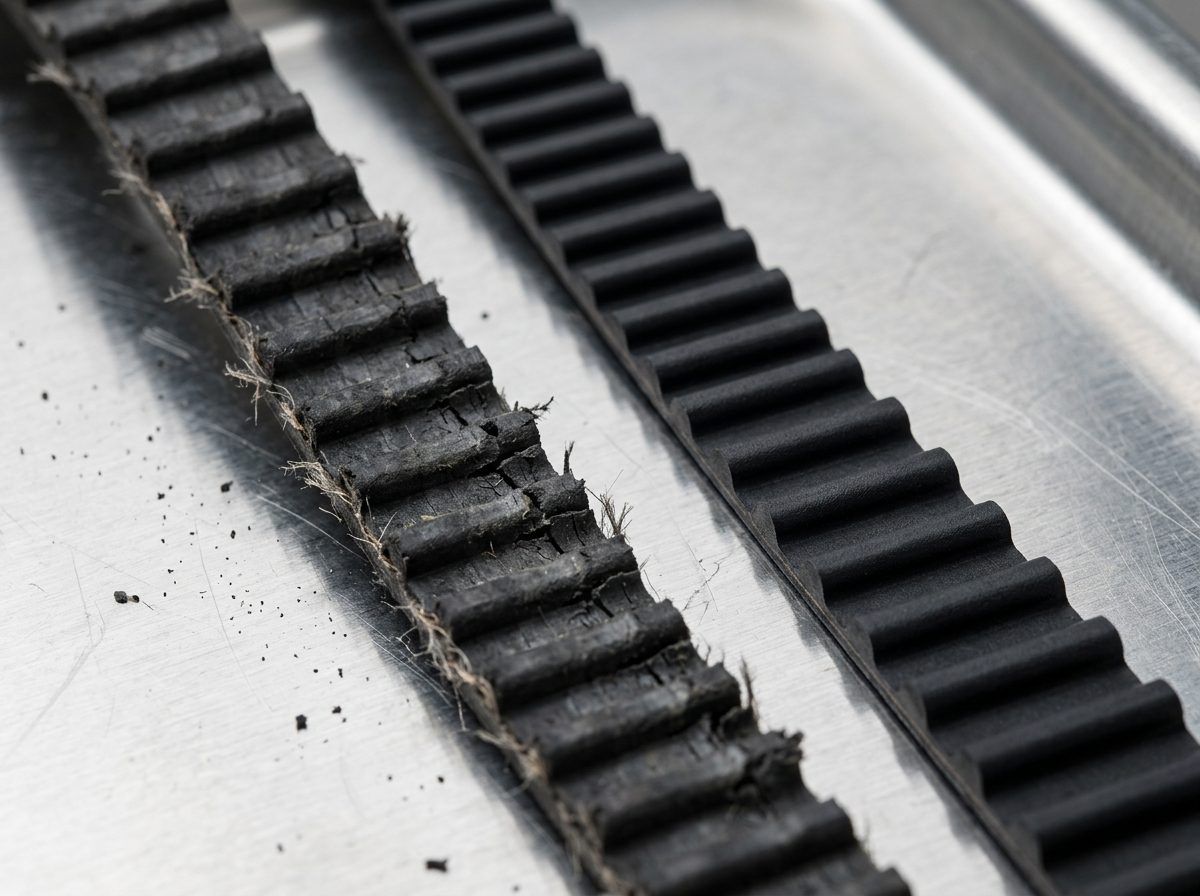 Figure 2: Macro failure inspection comparing a fatigued GT2 belt exhibiting fiberglass cord fraying and tooth-root shear against an unstretched Gates PowerGrip 2GT EPDM belt.
