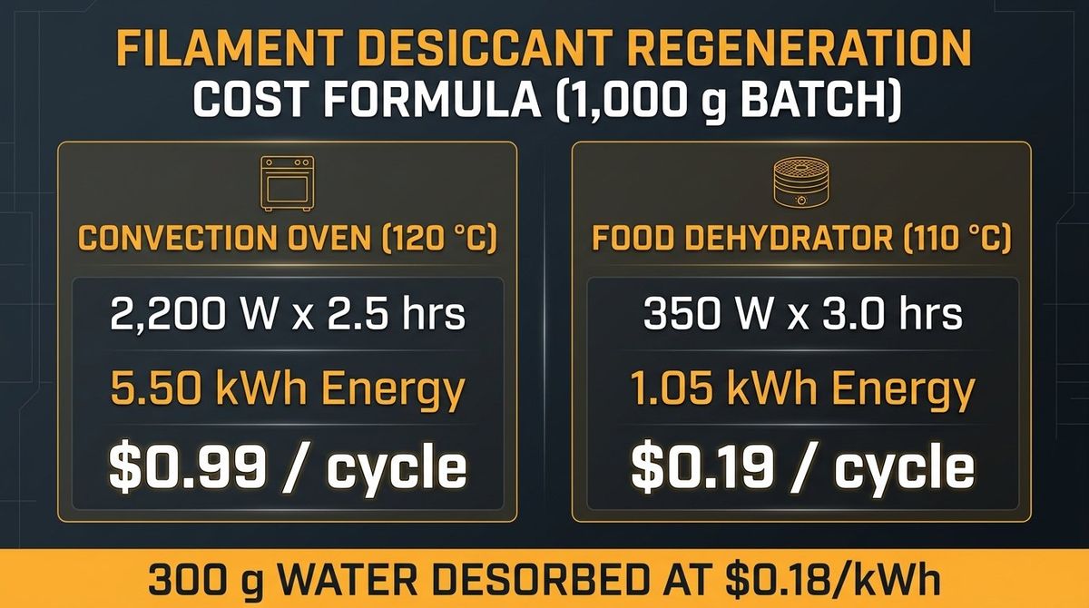 Convection Oven (2,200 W for 2.5 hrs at 120 C = 5.50 kWh, $0.99/cycle) vs Dedicated Food Dehydrator (350 W for 3.0 hrs at 110 C = 1.05 kWh, $0.19/cycle) for 1,000 g silica gel