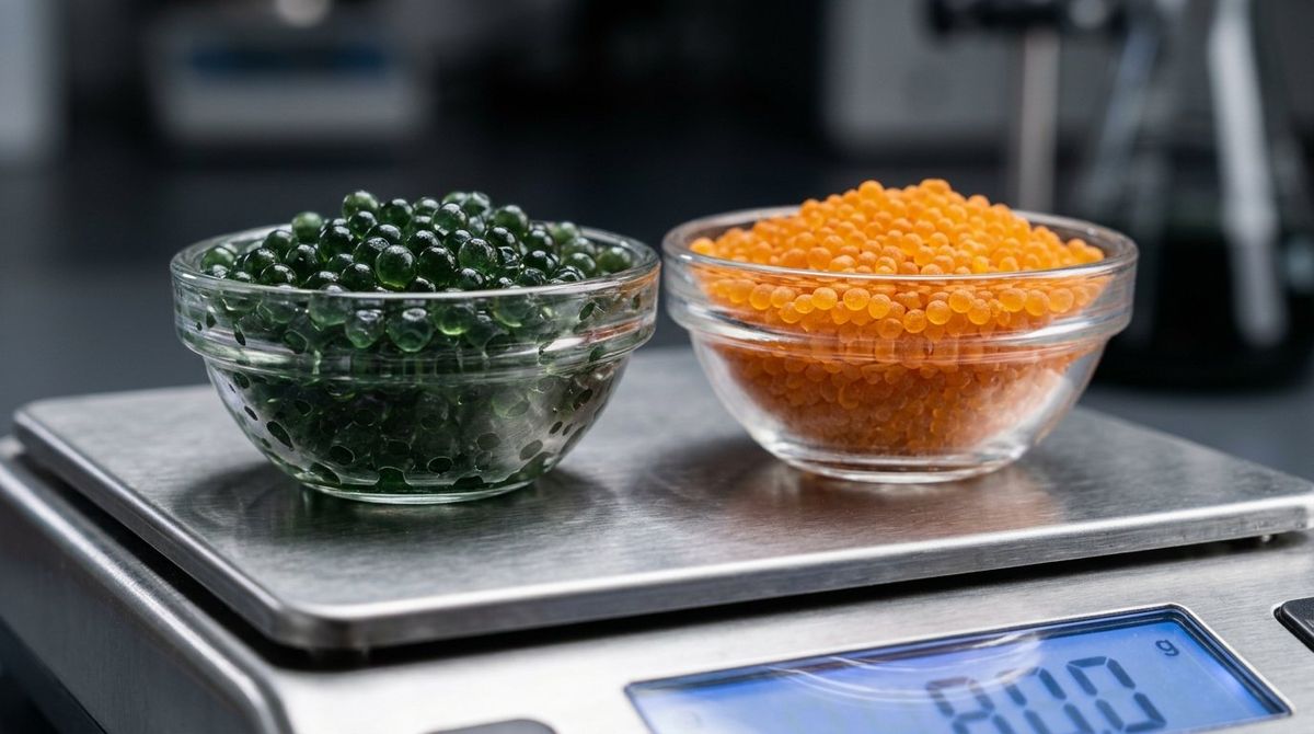 Precision digital scale weighing 1,300 g saturated green silica gel before drying down to 1,000 g regenerated orange silica gel
