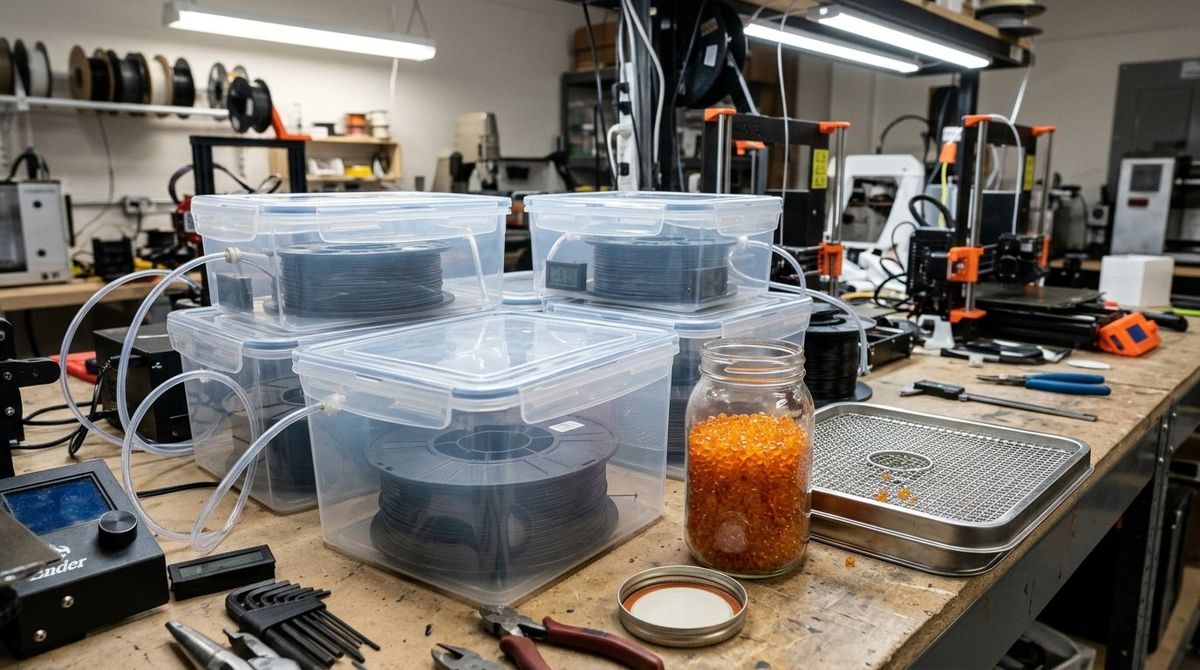 3D printer filament dry box spools with orange indicating silica gel desiccant beads and digital watt-hour energy meter