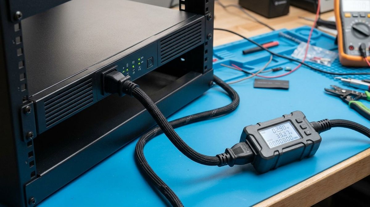 Close-up of a rack-mounted pure sine wave UPS unit connected to an inline digital watt-hour meter and 3D printer power cable