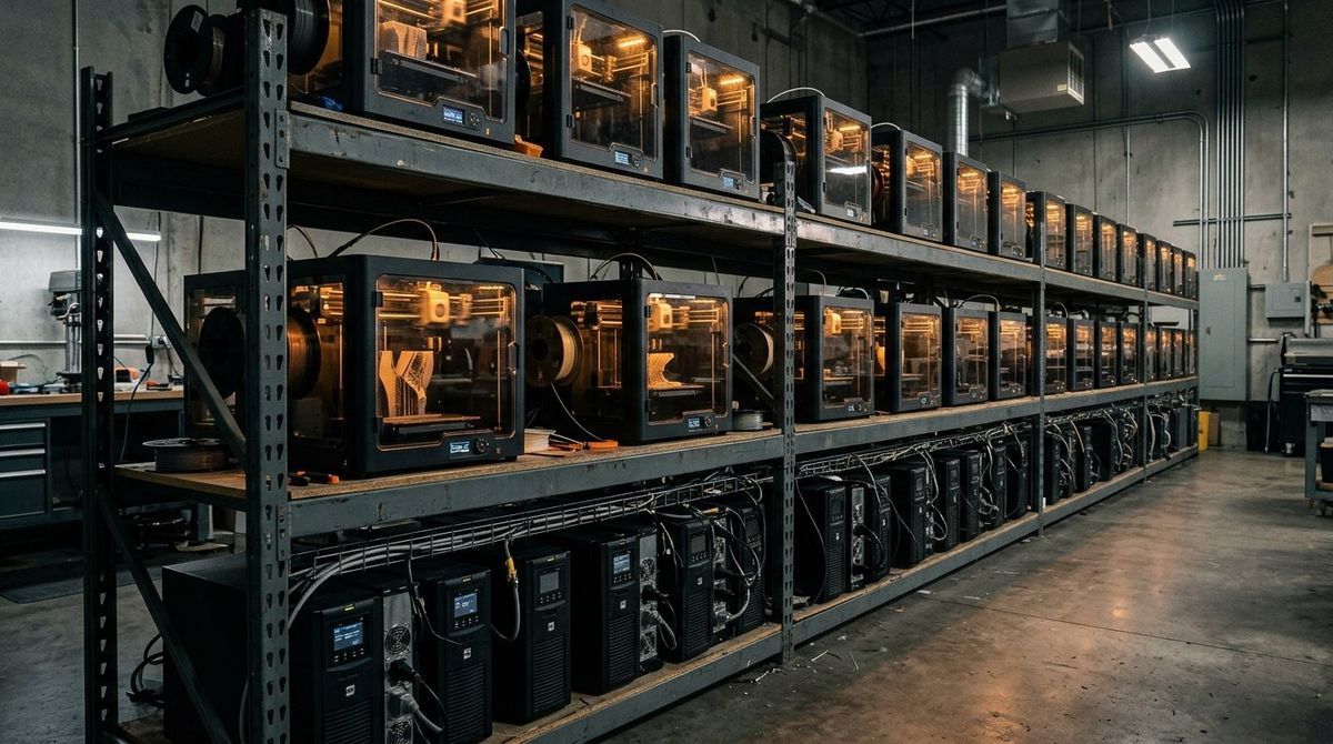 Industrial 3D print farm rack showing enclosed CoreXY 3D printers connected to commercial pure sine wave UPS battery backup towers