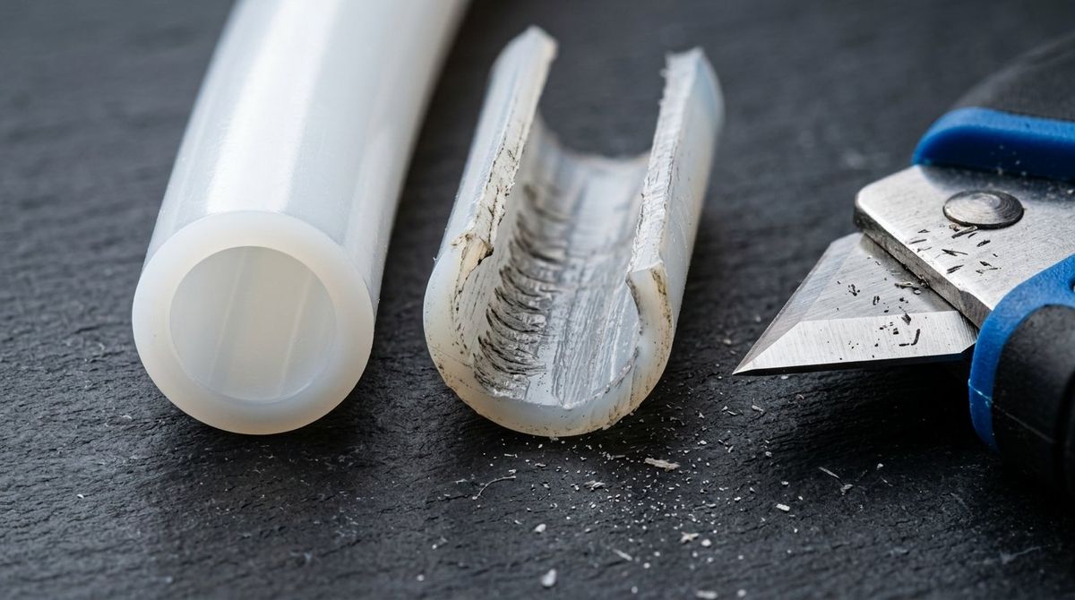 Macro cross-section comparison of a new smooth 2.5mm ID PTFE tube versus a worn PTFE tube with deep internal abrasive filament grooves
