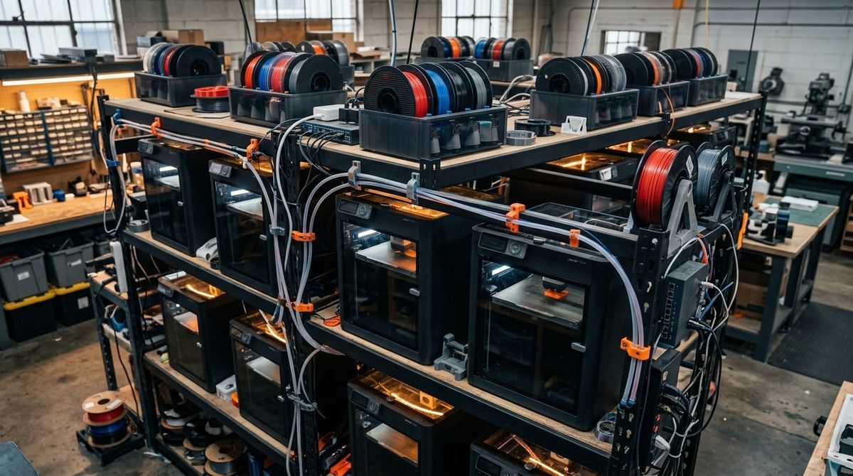 Commercial 3D print farm rack equipped with wide-radius PTFE tube guide brackets and multi-color filament units
