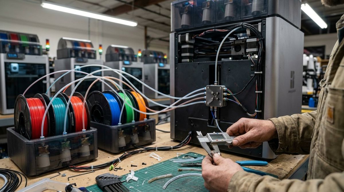 Commercial 3D print farm technician measuring PTFE Bowden tube wear on a multi-color filament buffer hub