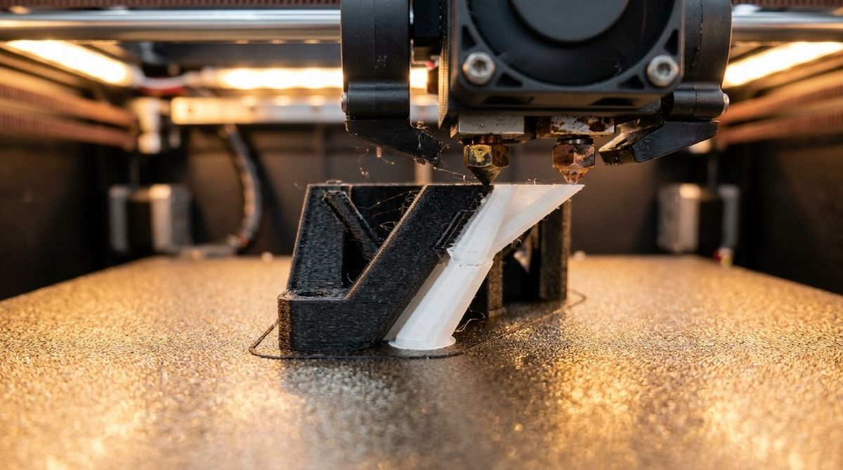 Macro engineering view of a dual-nozzle 3D printer toolhead extruding a zero-gap translucent breakaway support interface layer beneath an overhanging black PLA part.