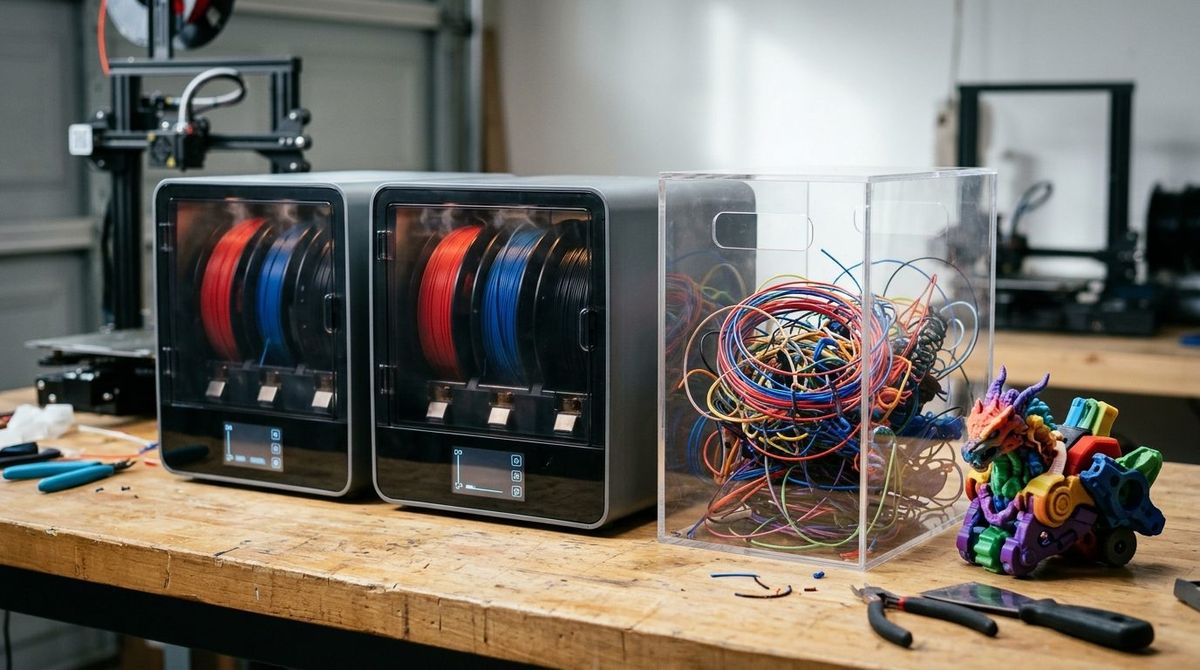 Dual four-spool AMS 2 Pro filament dryers connected to an enclosed Bambu Lab X2D dual-nozzle printer with a crisp black-and-white 3D printed panda and compact prime tower.