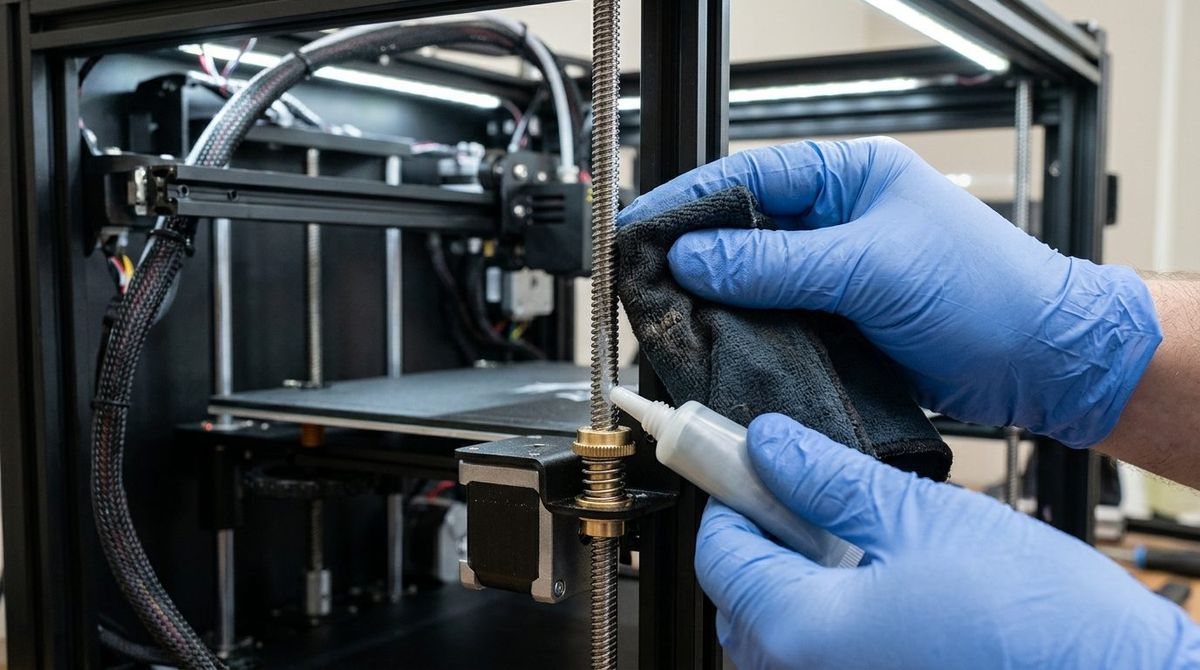 Technician cleaning and lubricating precision 3D printer mechanical components