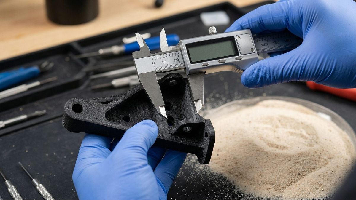 Gloved hands measuring an annealed carbon-fiber 3D printed bracket with digital calipers beside silica sand media