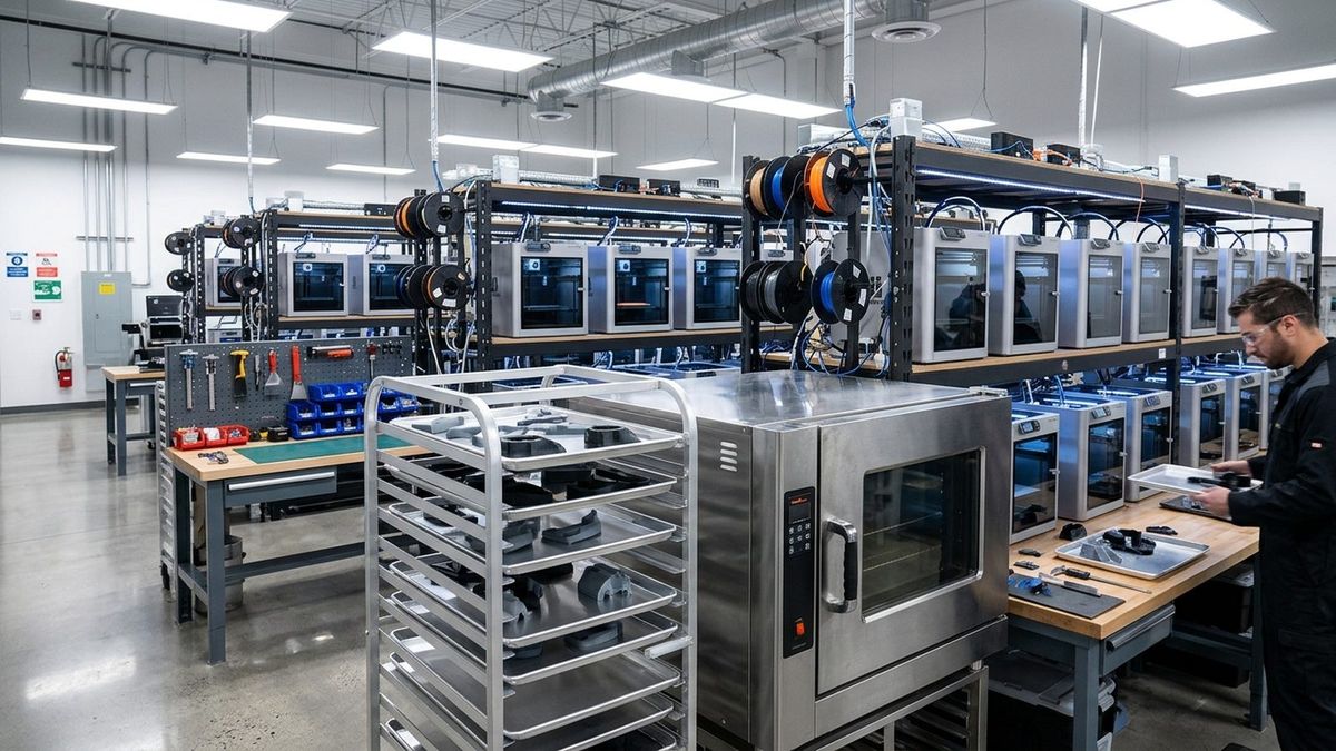 Commercial 3D print farm workshop with CoreXY printer racks and a stainless steel convection annealing oven