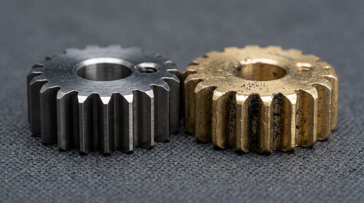 Macro inspection of worn dual drive extruder gears showing blunted teeth and filament debris